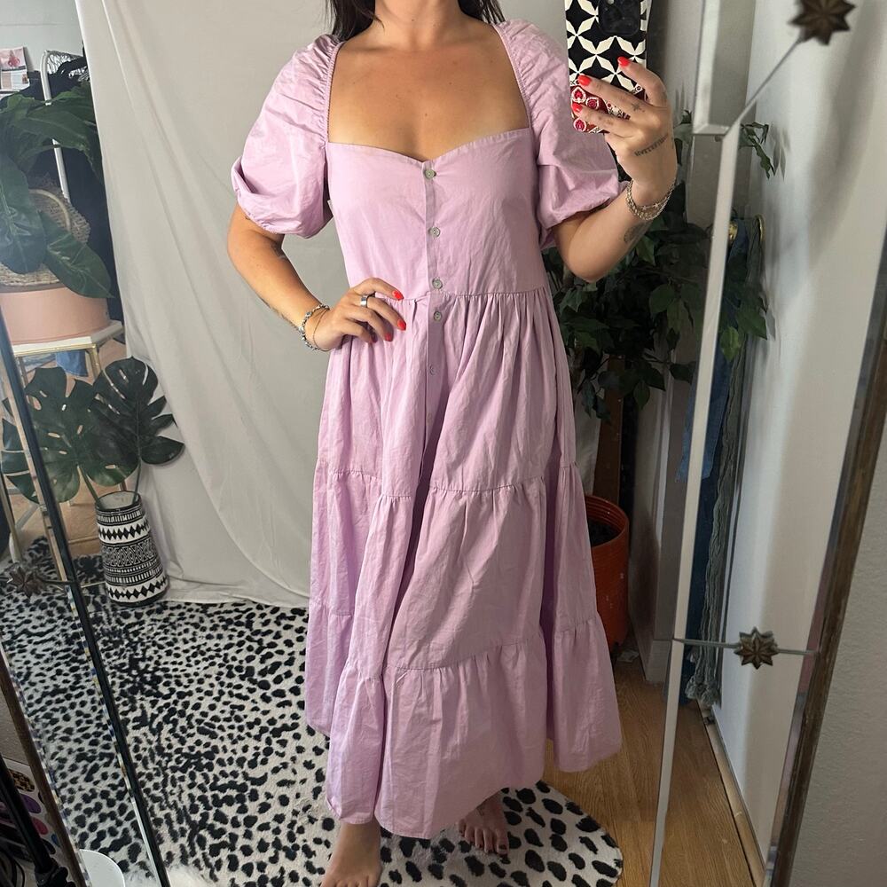 Bershka Puff Sleeve Tiered Poplin Maxi Dress Shirt Purple Size Medium